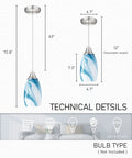 Handcrafted Glass Pendant Light Fixtures With Oval Art Shade And Adjustable Cord Hanging Light For Dining Room Kitchen Hallway And Foyer Blue Marble Color Brushed Nickel Accents Three Pack shown with dimensions