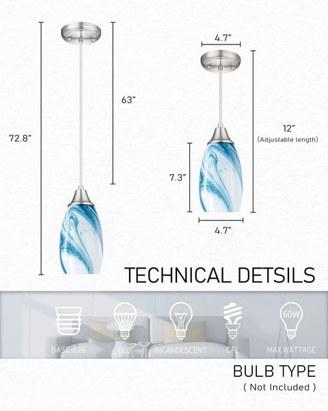 Handcrafted Glass Pendant Light Fixtures With Oval Art Shade And Adjustable Cord Hanging Light For Dining Room Kitchen Hallway And Foyer Blue Marble Color Brushed Nickel Accents Three Pack shown with dimensions