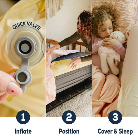 On-The-Go Toddler Bed Rails Two-Pack Inflatable Bumpers For Travel And Sleepovers showing inflation, positioning, and toddler sleeping