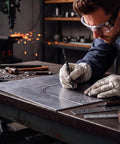 Set Of Four Beefy Steel Scribes With Dual Tapered Points For Straight Shooting Layout Marks On Wood Metal And Tile in use on metal.
