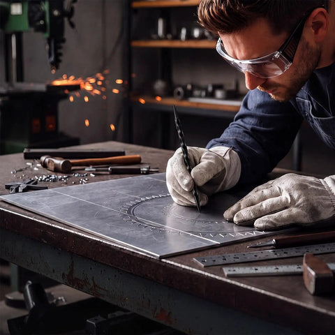 Set Of Four Beefy Steel Scribes With Dual Tapered Points For Straight Shooting Layout Marks On Wood Metal And Tile in use on metal.