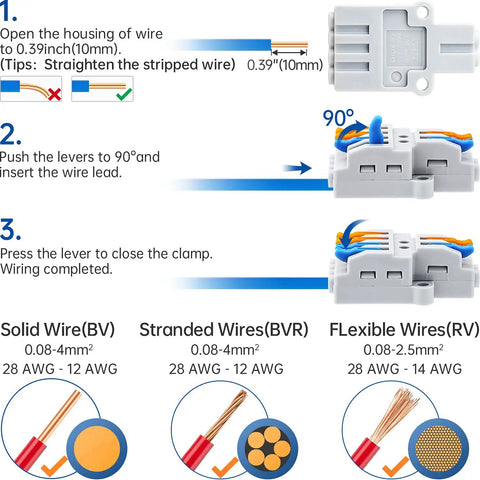 Step-by-step usage instructions for 10 Pack Lever Wire Connectors for Quick Wiring Push In Conductor Terminal Block.