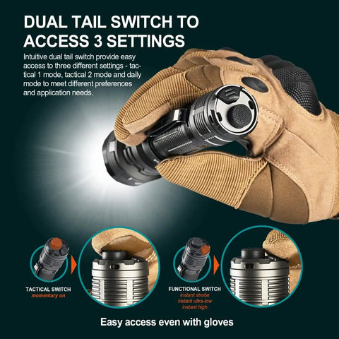 P17 Tactical Flashlight With Dual Tail Switch And Strobe shown with glove for easy tactical mode access