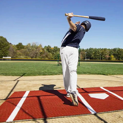 Backyard Baseball Hitting Mat For Practice, 3.8ft By 10ft artificial turf with white batters box lines and home plate in use outdoors