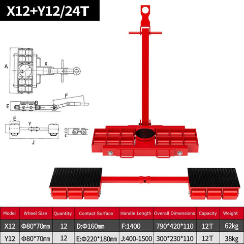 Heavy Duty Machine Dolly Skate 16 Ton Capacity Universal Rotating Equipment Mover for Industrial Transport Steel Wheel Skates for Warehouse and Workshop Precise X and Y Directional Control One Piece Cast Steel Frame, red 12T dolly set