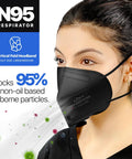 NIOSH Approved N95 Respirator Mask Black 50 Pack Made In USA With Overhead Head Straps For A Tight Seal And 95 Percent Filtration Of Non Oil Based Particles 0.3 Micron Model H95B worn by person