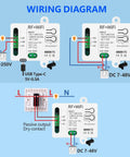 Wiring diagram for One Channel WiFi Smart Relay Switch for DC 5V to 36V, Passive Output, with Two RF Remotes, Seamless Alexa Google Home Control, Remote Internet Access, Plug And Play Setup for Smart Home Projects, showing USB-C and DC wiring