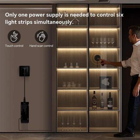 12V LED Cabinet Lighting Kit 10pcs Self-Adhesive Cuttable 6.56Ft 4000K showing touch control on a modern cabinet.