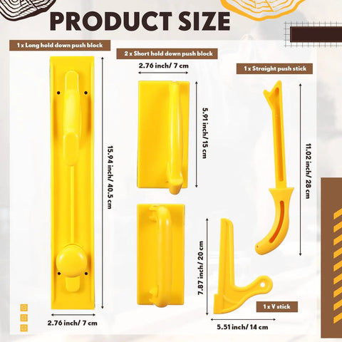 5 Piece Push Block and Push Stick Set for Table Saws and Woodworking Tools shown with product sizes and dimensions