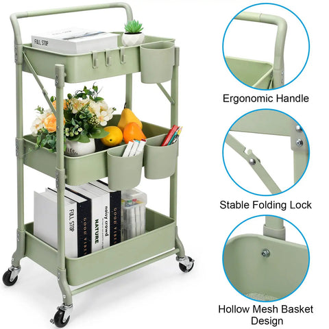 Go To Space Saving Foldable 3 Tier Rolling Cart With Wheels, Heavy Duty Metal Utility Trolley Organizer in green, side view.