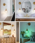 GZZBMY Indoor RGB Wall Light with Remote Control Dimmable Wall Lamp USB Rechargeable Creative Glass Lampshade Wall Sconce Creative Flowers Design for Bedroom Living Room (Amber,2 Packs) displayed in modern interior settings.