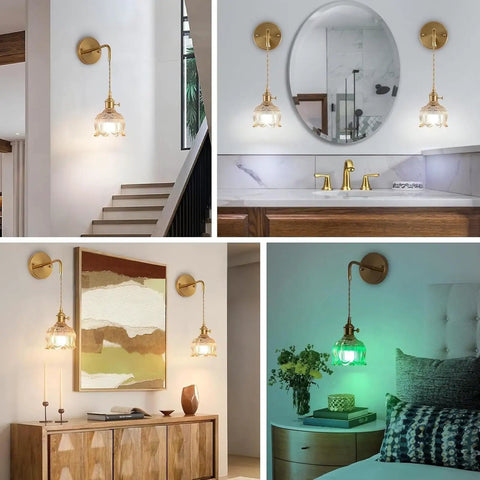 GZZBMY Indoor RGB Wall Light with Remote Control Dimmable Wall Lamp USB Rechargeable Creative Glass Lampshade Wall Sconce Creative Flowers Design for Bedroom Living Room (Amber,2 Packs) displayed in modern interior settings.