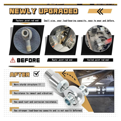 Image comparing factory joint rod end to upgraded Rock Solid 2 Pairs 3/4 Inch 16 Thread Heim Joint Rod End Kit featuring tough 750 chromoly joints.