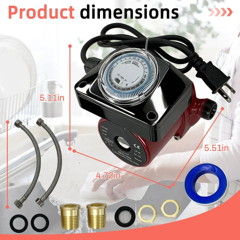 High Output Water Circulator Pump With Straightforward Installation And Smooth Operation For Residential Hydronic Heating Systems, showing dimensions and fittings.