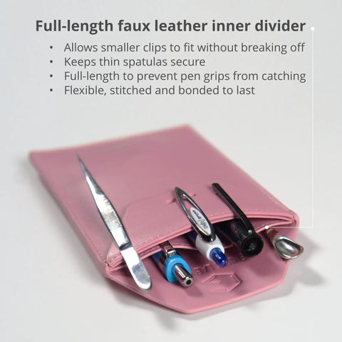 Faux Leather Lab Coat Pocket Protector Tool Holder Pouch for Scientists and Engineers Holds Pens Markers Tweezers Spatula Badges and Lab Accessories in Spruce Green Go To Gear with tools inserted.