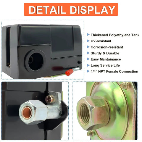 Heavy Duty Air Compressor Pressure Switch Built Tough 135 To 175 PSI With Unloader Valve And On Off Lever One Quarter Inch NPT