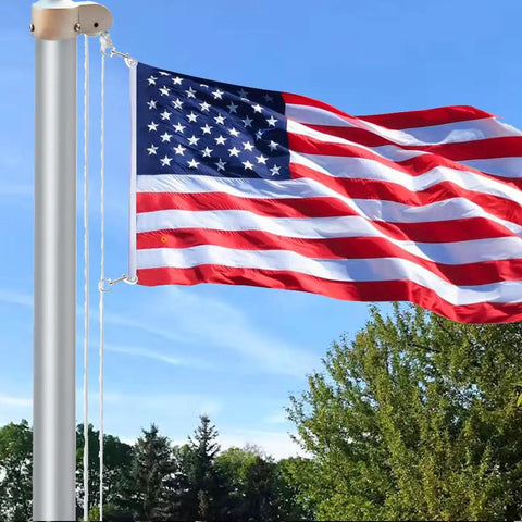 Built Like A Tank Heavy Duty Swivel Snap Hooks 4 Pack 3.5 Inch Nickel Plated Eye Bolt Clips For Flag Pole And Tarp Rope Gear With Rust Resistant Finish And Holds 70 Lbs, showing US flag on pole.