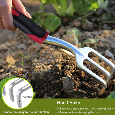 3 Piece Garden Tool Set With Heavy Duty Trowels And Shovels, Aluminum Blades, Non Slip Grip, focus on hand rake in soil