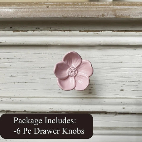 Solid Metal Pink Floral Cabinet Knobs 6 Pack Vintage Drawer Pulls Coquette Chic Vibe Sweet Charm Hardware Glow Up For Nursery Dresser Vanity And Closets on white wooden surface.