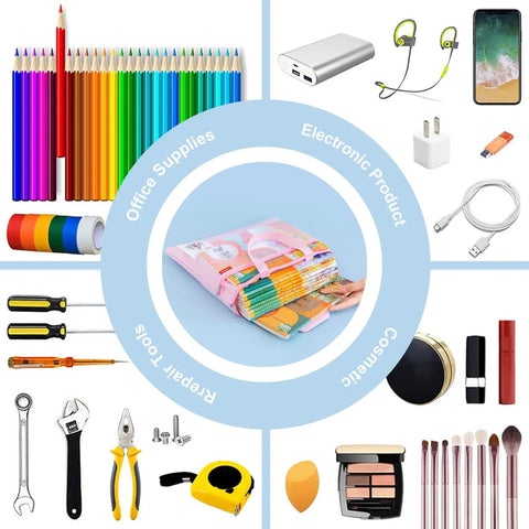 Collage of office supplies, electronic products, cosmetics, and tools surrounding a Mesh Zipper Pouch With Double Pocket Waterproof File Bag With Handle, A4 Foldable Document Storage For Travel And Office Use, Great For Crafts, Puzzle Projects, Cross Stitch And Everyday Organization, Lightweight Gray.