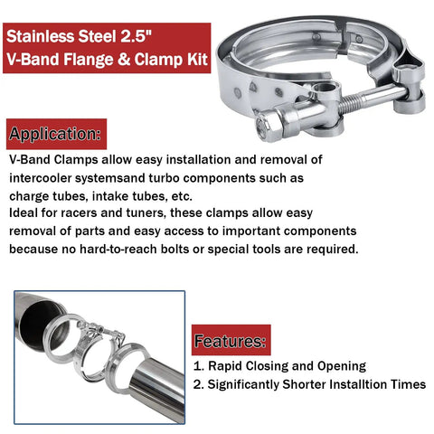 Heavy Duty 2.5 Inch Steel V Band Flange Clamp Kit 4 Piece With Flange, V Band Clamp Assembly For Exhaust Systems, Machined Ridge For Precise Welds