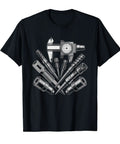Cool Tool Die Maker T-Shirt For CNC Machining Pros Showing Off Precision American Craft Roots With Retro Art Style And Classic Fit Comfort, black, featuring graphic of precision tools.
