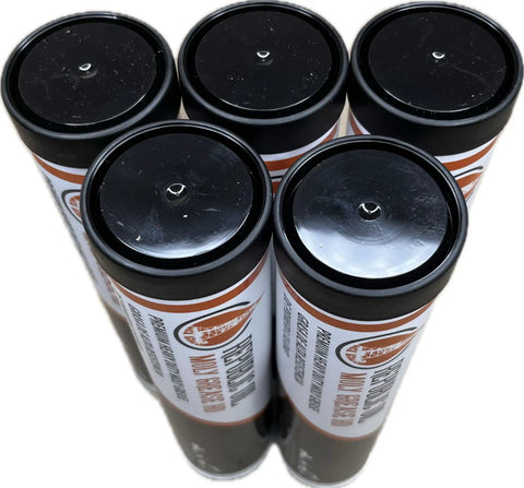 Top view of five tubes of Three Percent Moly Lithium Complex Heavy Duty Grease Number One For High Temperature Equipment with caps.