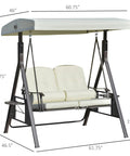 Two Person Patio Swing Bench With Adjustable Shade Canopy Cushions Throw Pillows And Tray Beige Outdoor Seating For Patio Balcony Backyard Poolside Garden Deck Hangout Ready Weatherproof Aluminum Frame with dimensions