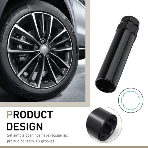 Six Spline Lug Nut Socket Kit With Three Quarters Inch And Thirteen Sixteenths Inch Hex, Fits One Half Inch Lug Nuts M12x1.5 And M12x1.25, shown near a car wheel, heavy duty CR-V alloy, black.