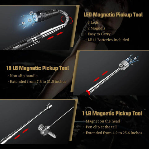 Extendable Magnetic Pickup Tool Set Five Piece With Telescoping Handles And Magnetic Flashlight Includes One Pound And Eight Pound Sticks Round And Square 360 Degree Adjustable Inspection Mirror The Perfect Gift For Him