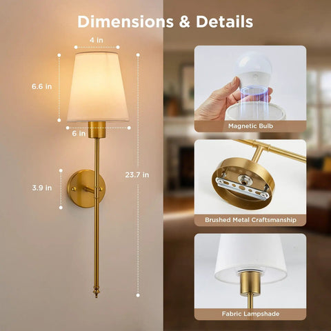No Wiring Headaches Premium Gold Wall Sconces Set Of Two Battery Operated Cordless Light Fixtures With E26 Socket And Rechargeable Bulbs dimensions and details