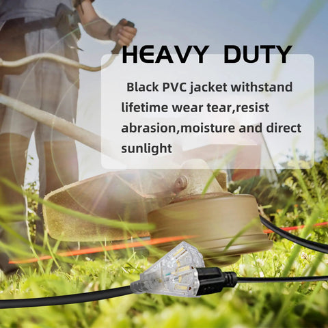 Two Pack 25 Foot Weatherproof Extension Cords With Lighted End Three Outlets Heavy Duty 12 Gauge SJTW 12/3 UL Certified