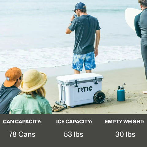 52 Quart Ultra Light Wheeled Cooler Insulated Ice Chest For Beach Camping Fishing Picnics And Boating With All Terrain Wheels on beach