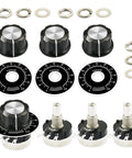RV24YN20S Carbon Film Rotary Taper Potentiometer 100K 4 Pack with A03 knobs and dials displayed with hardware components.