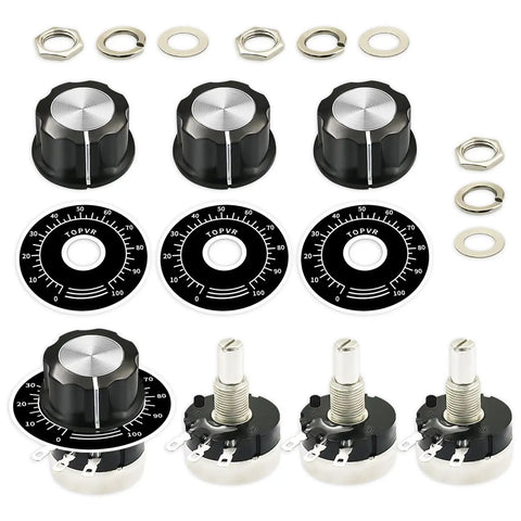 RV24YN20S Carbon Film Rotary Taper Potentiometer 100K 4 Pack with A03 knobs and dials displayed with hardware components.