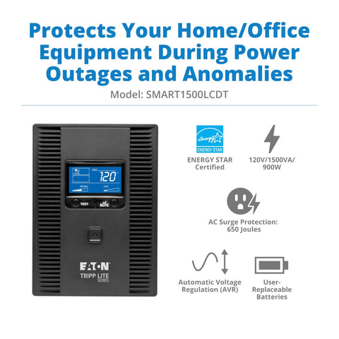 Smart1500LCDT 1500VA UPS Battery Backup With 900W Output 10 Outlets AVR Automatic Voltage Regulation LCD Display shown with features.