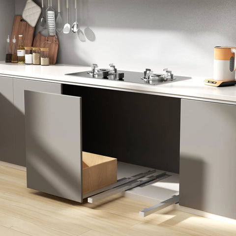 Full Extension Undermount Drawer Slides Soft Close Bottom Mount Glide Tracks For Kitchen Pantry Pull Out Trays And Cabinet Trash Rollouts, showing wooden tray in a stylish cabinet.