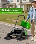 Heavy Duty 43 Inch Industrial Walk Behind Push Floor And Lawn Sweeper showing 15-gallon hopper capacity for less emptying.