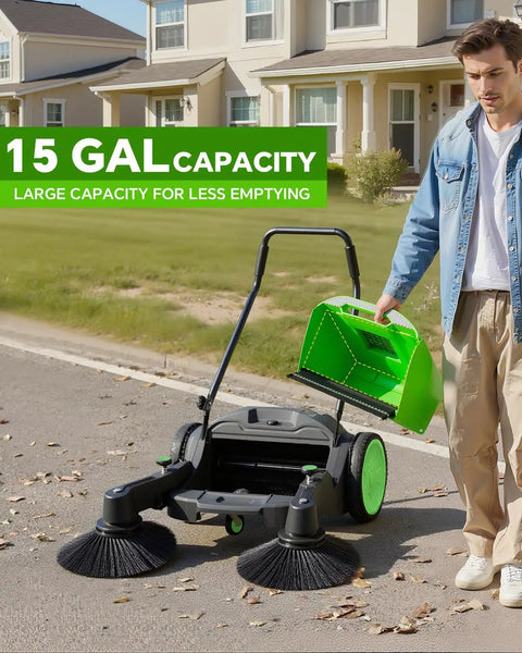 Heavy Duty 43 Inch Industrial Walk Behind Push Floor And Lawn Sweeper showing 15-gallon hopper capacity for less emptying.