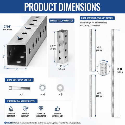 Pro Grade Galvanized Square Sign Posts Built Like A Tank For Any Job Featuring 2 Inch Width And 7 16 Inch Pre Drilled Holes, Product Dimensions Display
