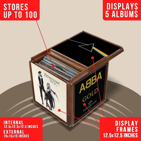 Rotating Vinyl Record Storage Box 4 In 1 Wooden Display Cube For 100 LP Records showing 5 albums in brown wood case