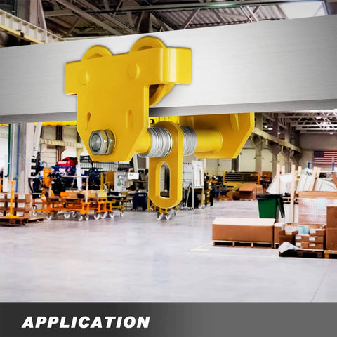 Manual Trolley Built For Heavy Lifting With 6600 Lbs Capacity Up To 3 Tons on I-Beam, adjustable flange, dual wheels, in warehouse