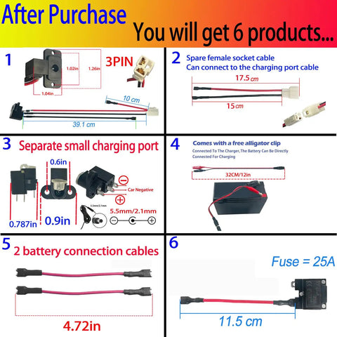 Round Charger Port Kit For Power Wheels Ride On Cars 6V 12V 24V Replacement Parts With 25A Fuse And Battery Connector Wires Cable Set