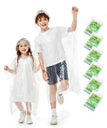 Two children wearing Family Pack Disposable Kids Poncho With Drawstring Hood Waterproof Lightweight Breathable Emergency Rain Gear in clear.