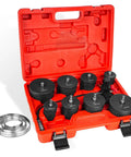 BILTOOLS Turbo Boost Leak Tester Kit in red case with 10 black tester cups/adapters and T-bolt hose clamps.