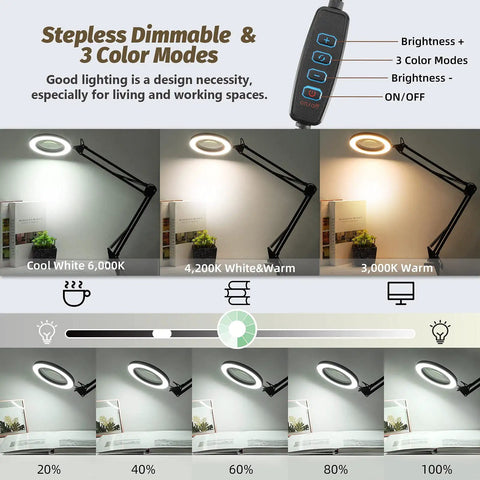 Color modes and brightness levels of Pro Grade 10X 5 Inch Real Glass Magnifier With LED Light And Stand Stepless Dimmable Desk Lamp