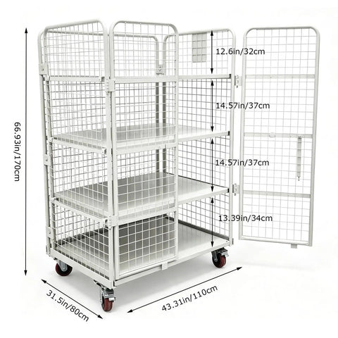 Hella Sturdy Foldable Warehouse Trolley With Reinforced Mesh Cargo Cage And Double Access Doors Commercial Rolling Utility Cart, dimensions shown.