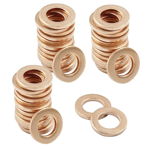 100 Pack M5 Copper Flat Washers 5X9X1mm Real Deal Rust Proof Hardware Fasteners stacked and loose copper washers.