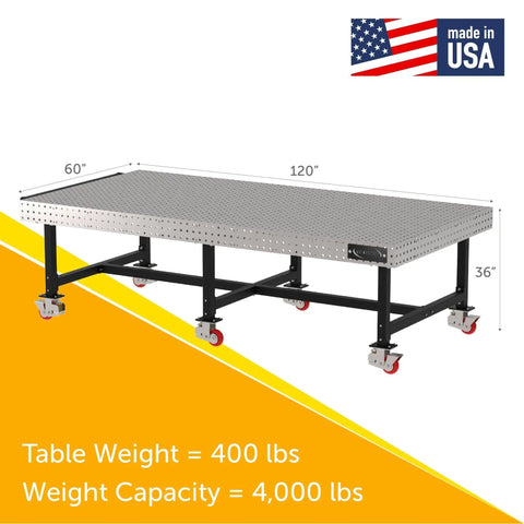 Heavy Duty Steel Welding Fixture Table With Sturdy Carry Handle And Precision Laser Cut Slots Rock Solid Locking Casters, 120x60x36 inches.