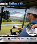 Rechargeable Magnetic Travel Fan With 12000mAh Battery And Power Bank Mode mounted in a golf cart, showcasing airflow and adjustable settings.